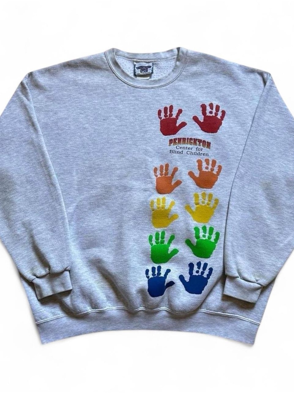 Vintage 90s Lee Gray Crewneck Sweatshirt with Rainbow Handprint Design